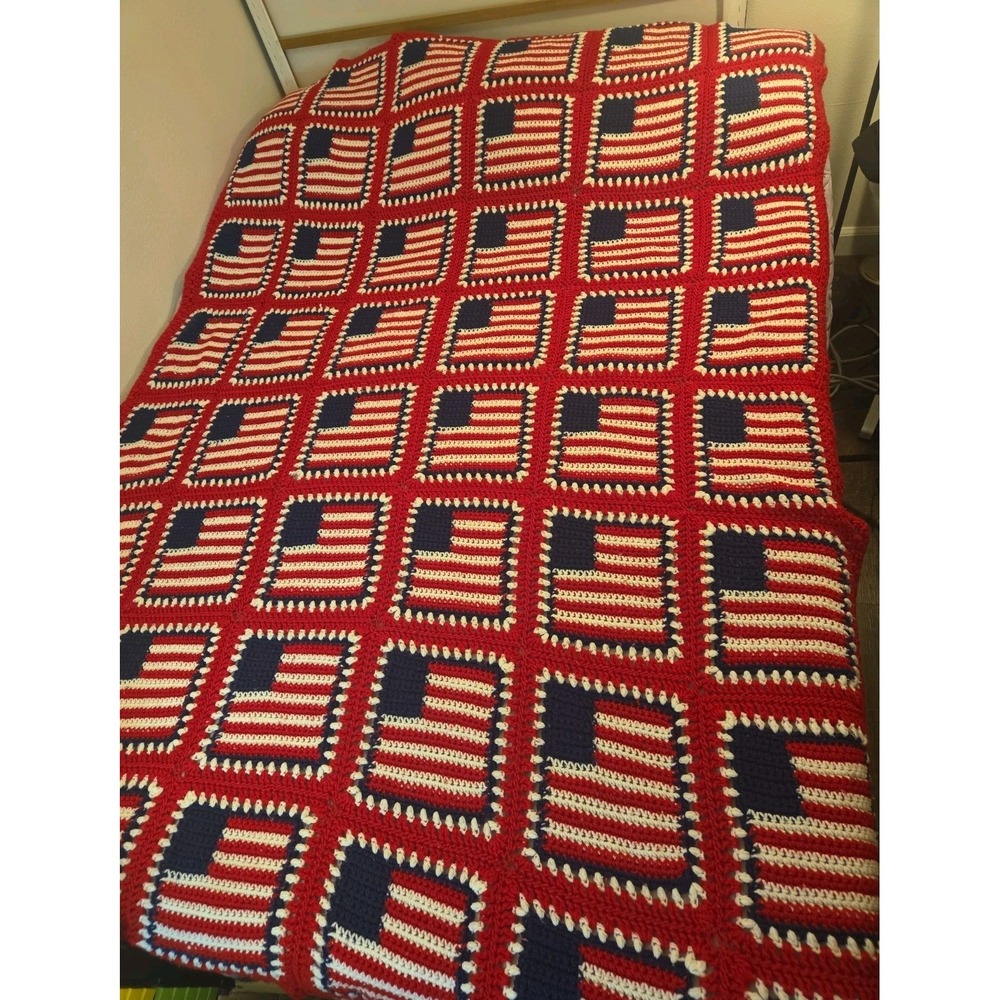 Handmade Granny Square American Flag Crochet Throw Blanket Patriotic Afghan Read